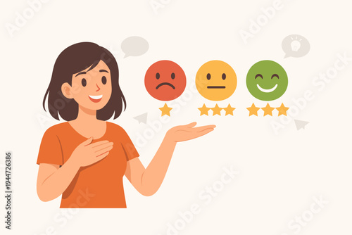 Vector illustration of a smiling woman presenting customer feedback options with three rating icons representing sad, neutral, and happy emotions with star ratings for service evaluation.