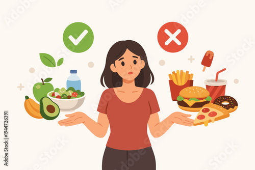 Woman Choosing Between Healthy and Unhealthy Food Options with Salad, Fruits, Water vs Burger, Pizza, Fries, and Soda for Nutrition, Diet, and Wellness Concept Flat Vector Illustration Design