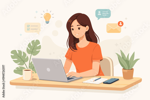 Young woman working on laptop at desk, remote work and freelance concept illustration with icons for ideas, email, and messaging, flat vector style for business productivity and home office.