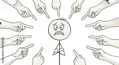 A distressed stick figure is surrounded by many pointing fingers, symbolizing blame, accusation, and public shaming.