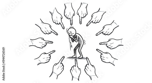 A distressed stick figure surrounded by many pointing fingers, symbolizing blame and social pressure.