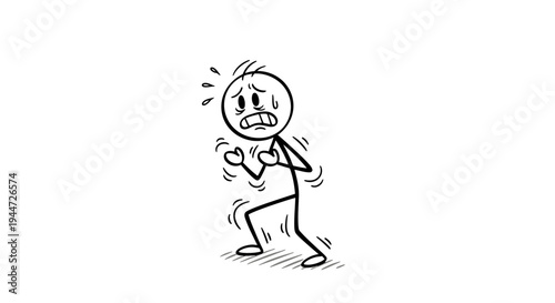 A simple stick figure cartoon character appears very scared, anxious, and trembling with sweat on its forehead, depicting intense fear or cold.