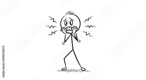 A stick figure cartoon character biting nails, looking very scared and anxious with wavy lines around its head, on a white background.