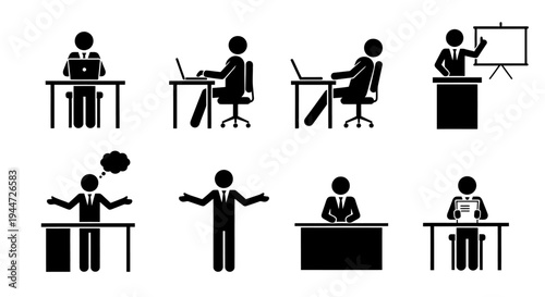 Stick figures illustrating various business activities, including working on laptops, presenting, and communicating in an office setting.