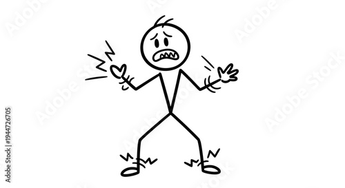 Cartoon stick figure character experiencing intense pain, fear, and electric shock with sparks around hands and feet.