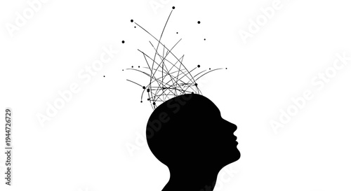 Abstract silhouette of a human head with complex lines and dots emanating from the top, symbolizing thought, ideas, and mental processes.