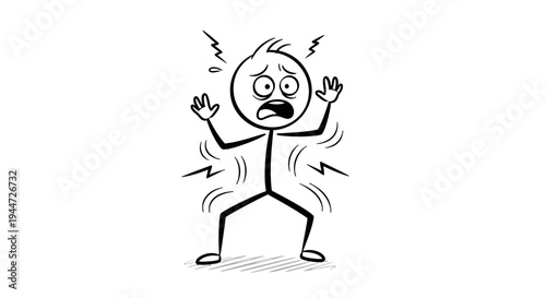 A stick figure character is depicted in a state of extreme fear, shock, or panic, with lightning bolts symbolizing a sudden jolt or intense emotion.