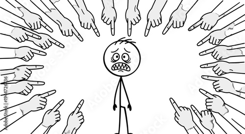 A stick figure character is surrounded by many pointing fingers, illustrating blame or accusation.