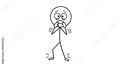 A stick figure character looking very scared, anxious, and trembling with wide eyes and hands covering its mouth on a white background.