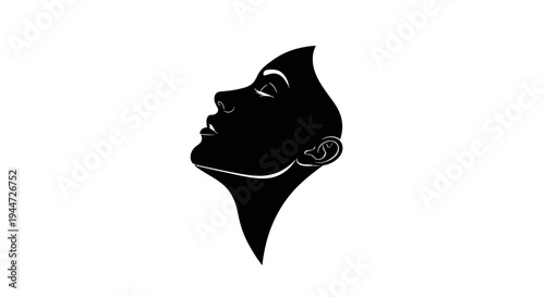 Stylized black silhouette of a woman's face in profile looking upwards on a clean white background, conveying elegance.