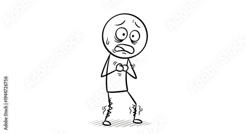 A stick figure cartoon character looking very anxious, scared, nervous, and trembling with wide eyes and sweat, depicting a state of fear or panic.