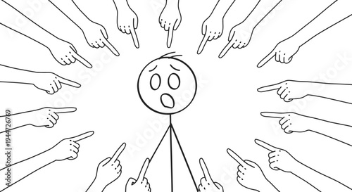 Cartoon stick figure looking shocked and scared, surrounded by numerous hands pointing fingers at him, symbolizing blame, accusation, and social pressure.