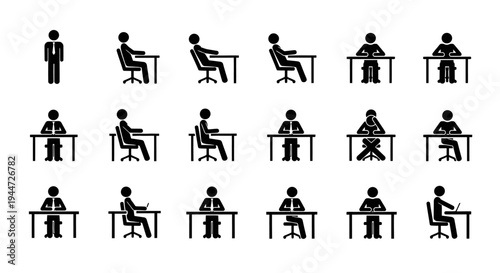 Collection of stick figures illustrating various sitting and standing postures at desks, representing ergonomics and office work.