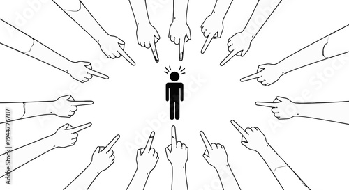 A black and white illustration depicting a central stick figure being pointed at by numerous hands, symbolizing blame, accusation, and being singled out.