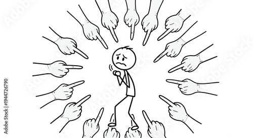 Distressed stick figure surrounded by numerous hands pointing fingers, symbolizing blame, accusation, and social judgment.