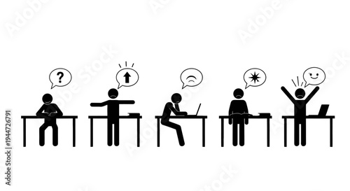 Stick figures illustrating various emotional states and thought processes during work or problem-solving at desks.