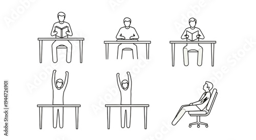 Line art illustrations depicting various student or office worker poses, including reading, stretching, and relaxing in a chair.