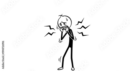 A black and white stick figure cartoon character appears distressed and anxious, clutching its chest with wavy lines indicating discomfort or pain.