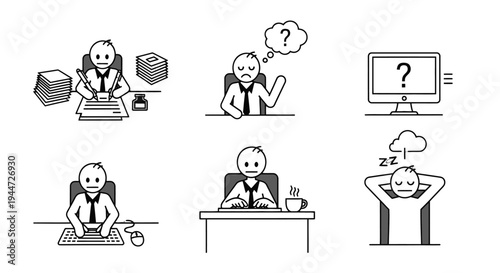 Six black and white illustrations showing a person engaged in various office tasks and states of mind, including working, thinking, and relaxing.