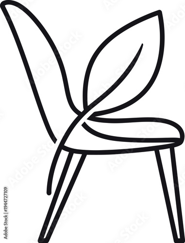 Minimalist black line art icon representing a stylized chair seamlessly blended with a natural leaf element for eco-friendly branding concepts.