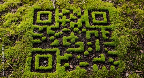 Green QR code sculpted from vibrant natural moss, illustrating the integration of digital information with ecological sustainability and a commitment to a greener future