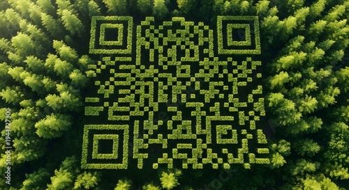 Nature's digital signature A breathtaking overhead shot of a vibrant forest where trees are meticulously sculpted into a massive, living QR code