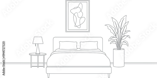 Minimalist bedroom interior design line art illustration featuring a comfortable bed with pillows, a bedside table, a modern lamp, and an abstract wall art.