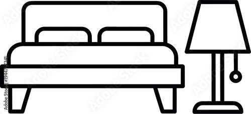 Simple black line icon depicting a bed with two pillows beside a classic bedside table lamp against a white background.