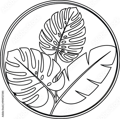 Minimalist black line art drawing featuring three tropical monstera and banana leaves enclosed within a simple circular frame design.