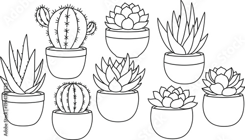 Outline collection of various potted cacti and succulents perfect for coloring book pages or minimalist design projects