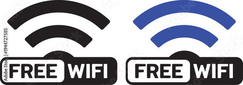 Free WiFi Icons: Two iconic representations of free Wi-Fi access, one in black and one in blue, displaying the signal waves and the clear text label indicating wireless internet availability.