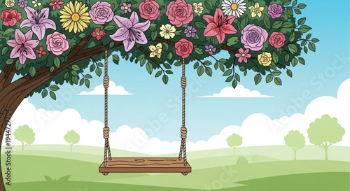 Vibrant floral tree with a wooden swing on a sunny day on transparent background