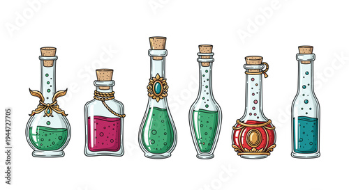 Collection of mystical glass potion bottles with ornate stoppers and colorful liquids for fantasy or alchemy themes.