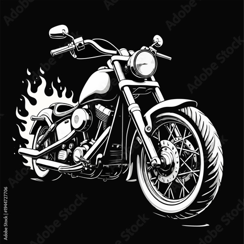 Vector black and white t-shirt design with 
fire biker motorcycle on black background.
Fashionable print for fabric, paper, men clothing,
hoodie, biker jacket. T shirt template.