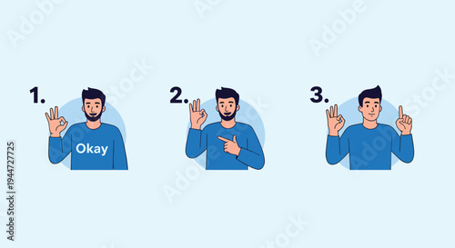 Illustration of a man in three poses showing an okay hand gesture, pointing, and indicating a number on blue backgrounds.