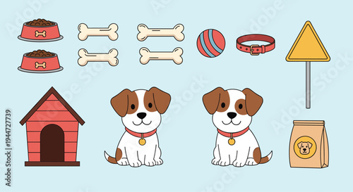 Set of cute puppy characters and dog care icons like a kennel, food, toys, and accessories on a light blue background.