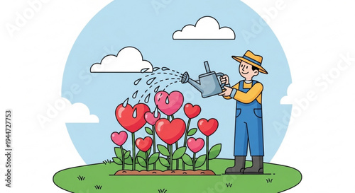 Man watering heart shaped flowers on green lawn with blue sky and clouds on transparent background