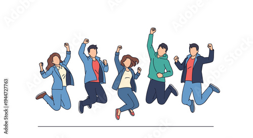 Diverse group of young people jumping together in celebration to show success, teamwork, and collective happiness on a plain background.