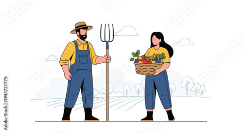 Two hardworking farmers standing in their agricultural field with a pitchfork and a basket of fresh organic produce.