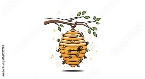 Natural beehive hanging from a leafy tree branch with several worker bees buzzing around their home in nature.