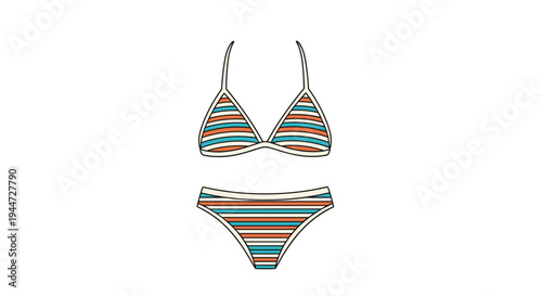 Stylish two-piece bikini swimsuit for women with a horizontal striped pattern in blue and orange for summer beachwear.