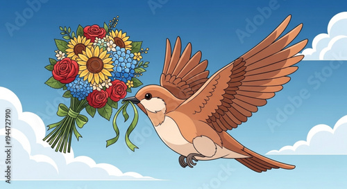 Brown bird flying with colorful bouquet of flowers on transparent background