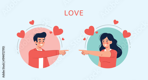 Romantic illustration of a man and woman in separate circles pointing at each other with red hearts and the word love in the center.