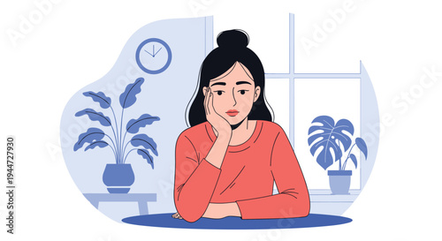 Pensive young woman sitting at a table in a dimly lit room with houseplants and a wall clock looking bored or thoughtful at home.
