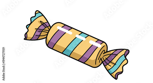 Wrapped colorful candy with yellow purple and light blue stripes in a fun cartoon style isolated on a plain white background.