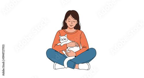 Young woman sitting cross-legged on the floor while affectionately cuddling a white pet cat in a cozy home environment illustration.