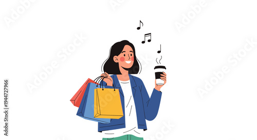 Happy young woman walking with several colorful shopping bags and a cup of take-away coffee while listening to music comfortably.