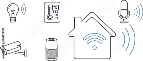 Modern smart home technology concept showing various wirelessly connected devices communicating with a central hub for automated control and enhanced living experience