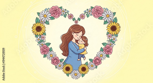 Mother and child hug surrounded by heart shaped flowers on transparent background