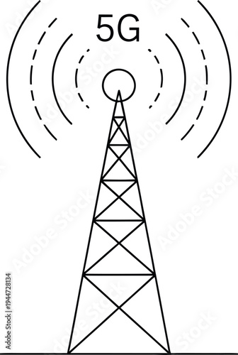 Simple line art drawing illustrating a fifth generation wireless communication tower transmitting signals against a white background